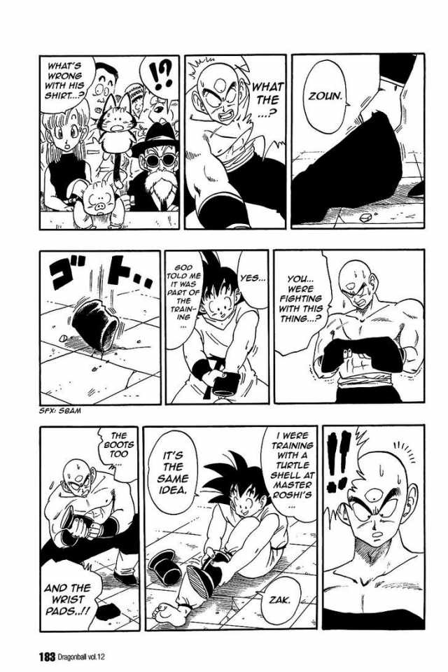 A page from Dragon Ball wherein Goku reveals he's been wearing weighted clothes